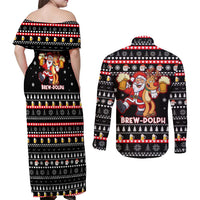 Christmas Brewdolph Reindeer Couples Matching Off Shoulder Maxi Dress and Long Sleeve Button Shirt Xmas Holiday Patterns - Wonder Print Shop