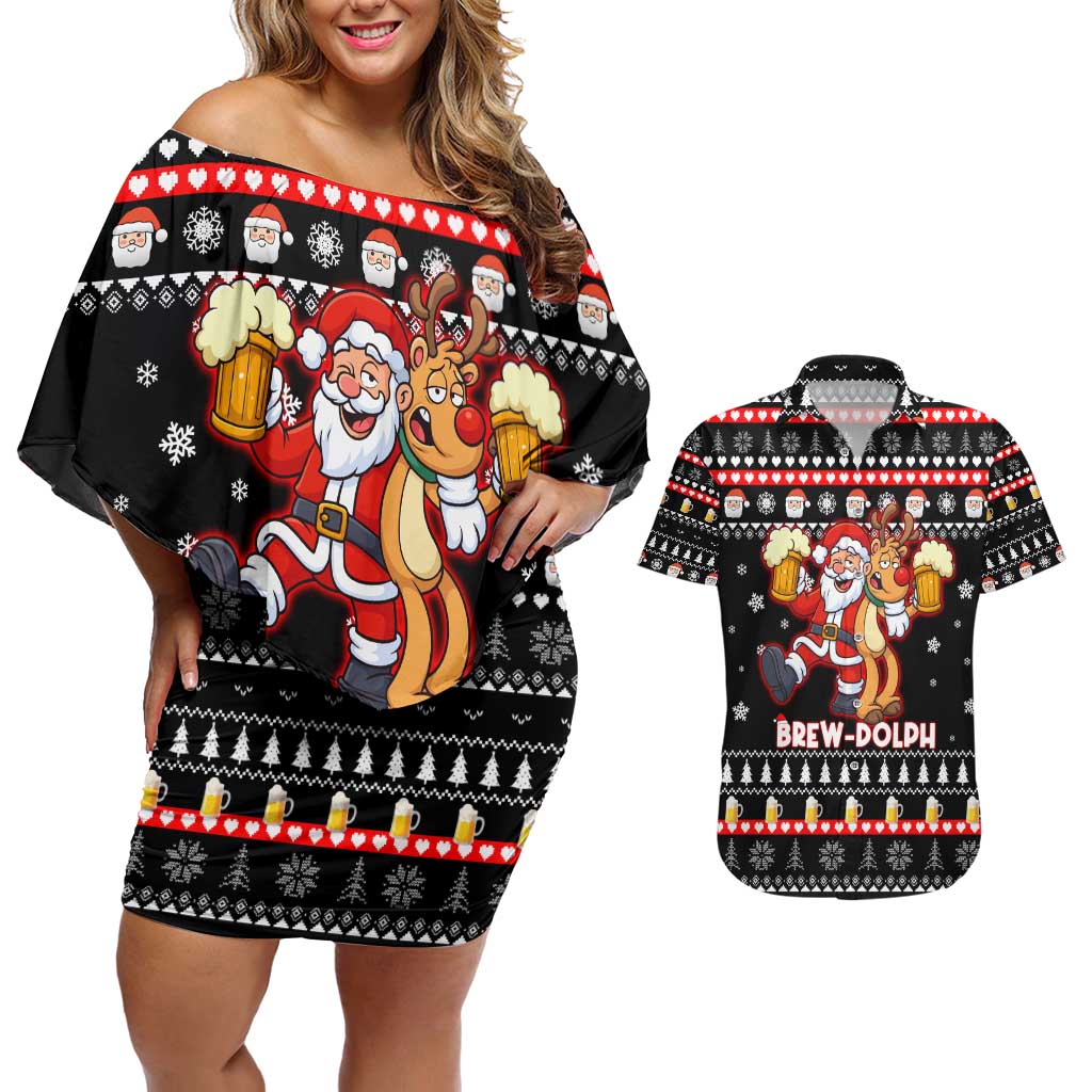 Christmas Brewdolph Reindeer Couples Matching Off Shoulder Short Dress and Hawaiian Shirt Xmas Holiday Patterns - Wonder Print Shop