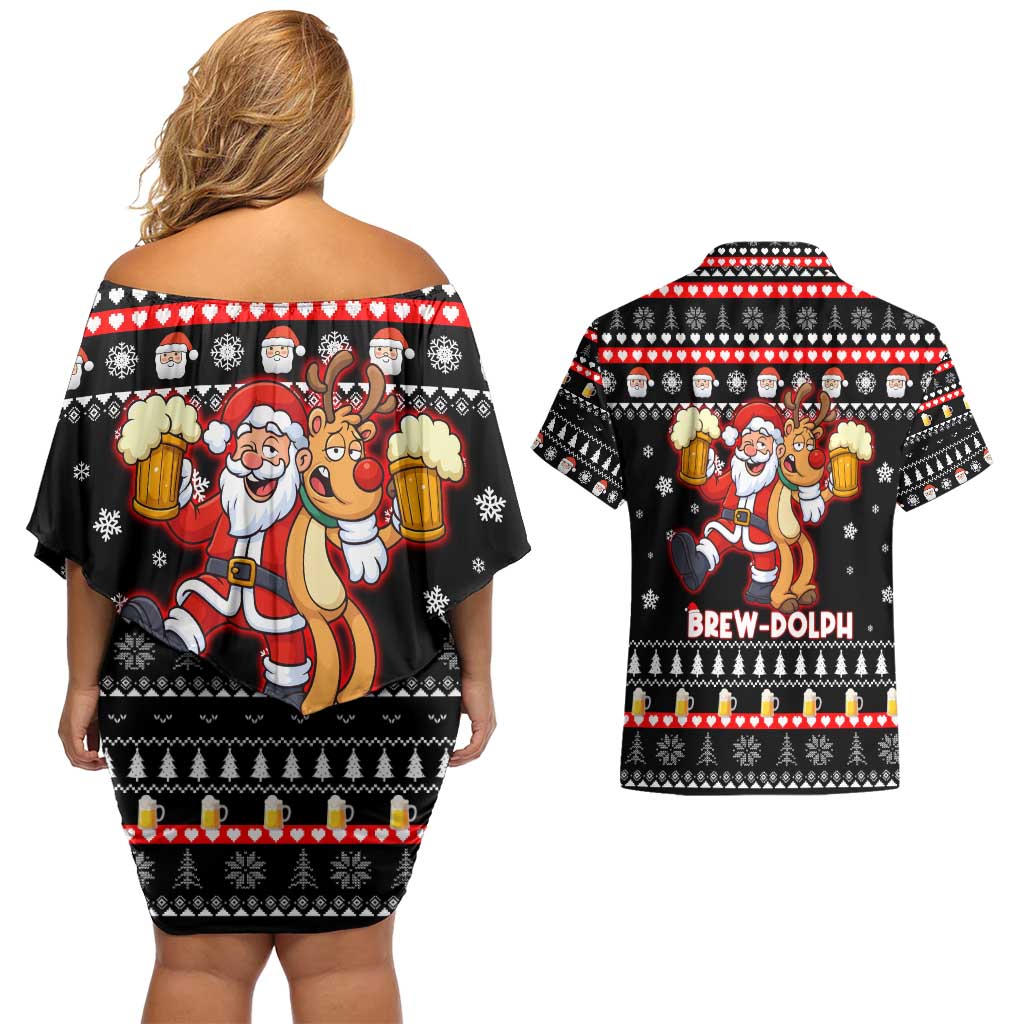 Christmas Brewdolph Reindeer Couples Matching Off Shoulder Short Dress and Hawaiian Shirt Xmas Holiday Patterns - Wonder Print Shop