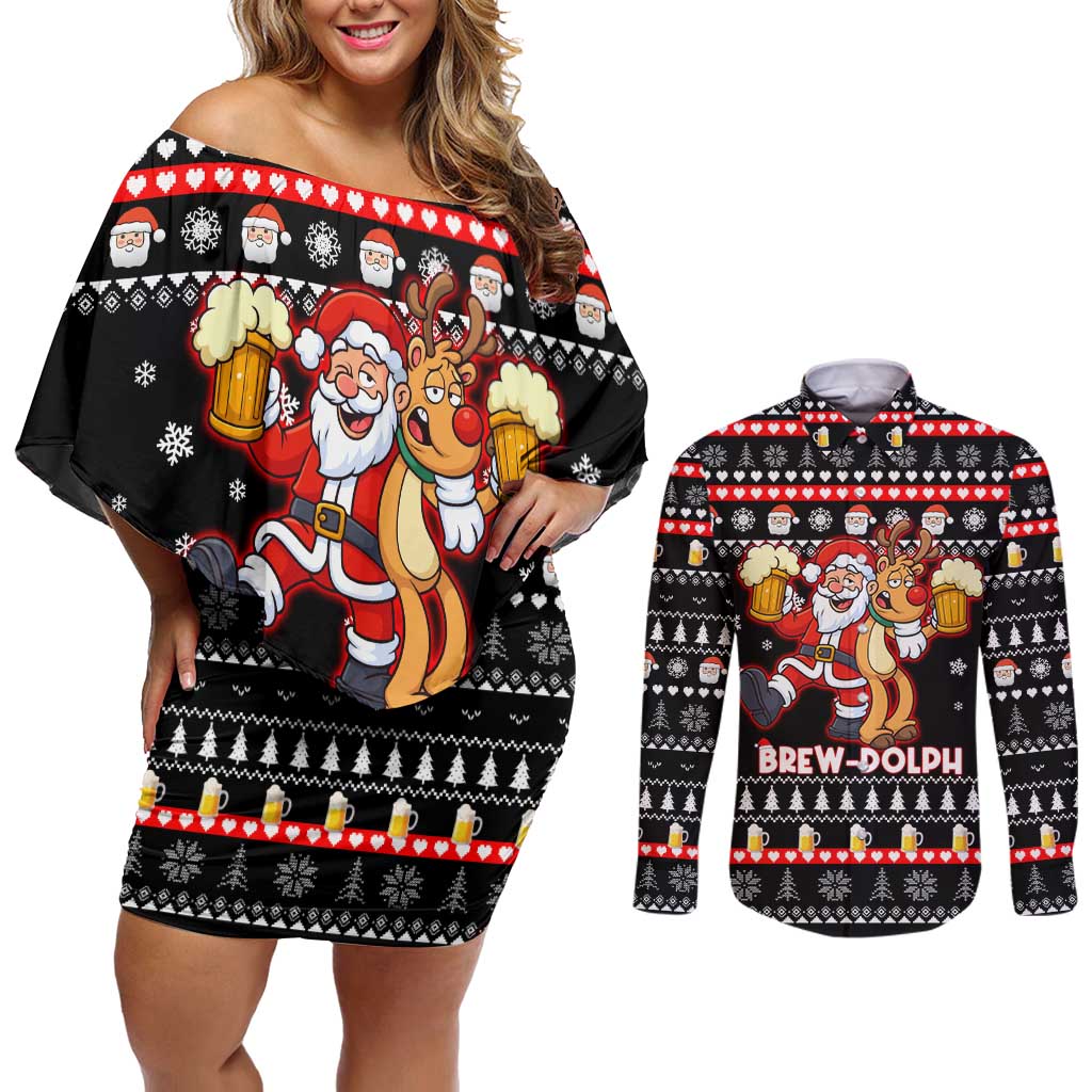 Christmas Brewdolph Reindeer Couples Matching Off Shoulder Short Dress and Long Sleeve Button Shirt Xmas Holiday Patterns - Wonder Print Shop