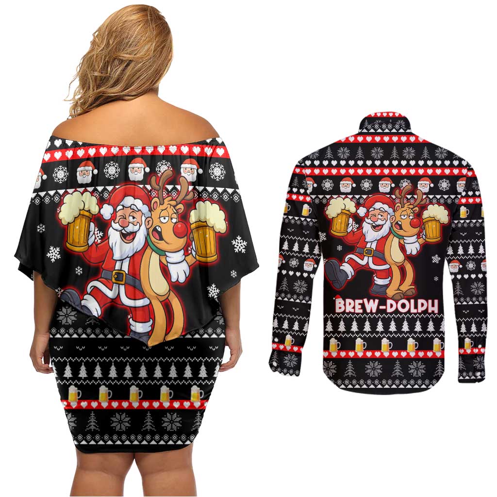Christmas Brewdolph Reindeer Couples Matching Off Shoulder Short Dress and Long Sleeve Button Shirt Xmas Holiday Patterns - Wonder Print Shop