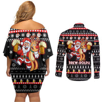 Christmas Brewdolph Reindeer Couples Matching Off Shoulder Short Dress and Long Sleeve Button Shirt Xmas Holiday Patterns - Wonder Print Shop