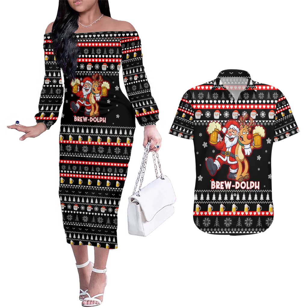 Christmas Brewdolph Reindeer Couples Matching Off The Shoulder Long Sleeve Dress and Hawaiian Shirt Xmas Holiday Patterns - Wonder Print Shop