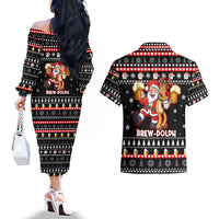 Christmas Brewdolph Reindeer Couples Matching Off The Shoulder Long Sleeve Dress and Hawaiian Shirt Xmas Holiday Patterns - Wonder Print Shop