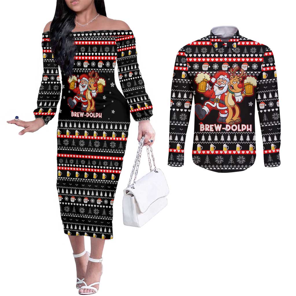 Christmas Brewdolph Reindeer Couples Matching Off The Shoulder Long Sleeve Dress and Long Sleeve Button Shirt Xmas Holiday Patterns - Wonder Print Shop