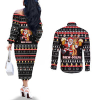 Christmas Brewdolph Reindeer Couples Matching Off The Shoulder Long Sleeve Dress and Long Sleeve Button Shirt Xmas Holiday Patterns - Wonder Print Shop