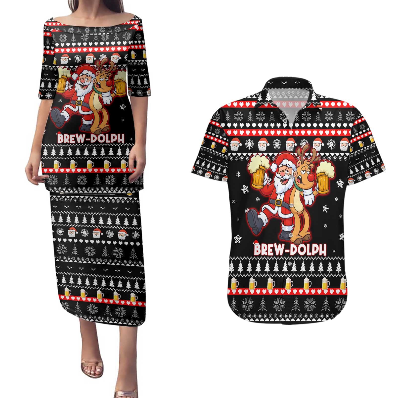 Christmas Brewdolph Reindeer Couples Matching Puletasi and Hawaiian Shirt Xmas Holiday Patterns - Wonder Print Shop