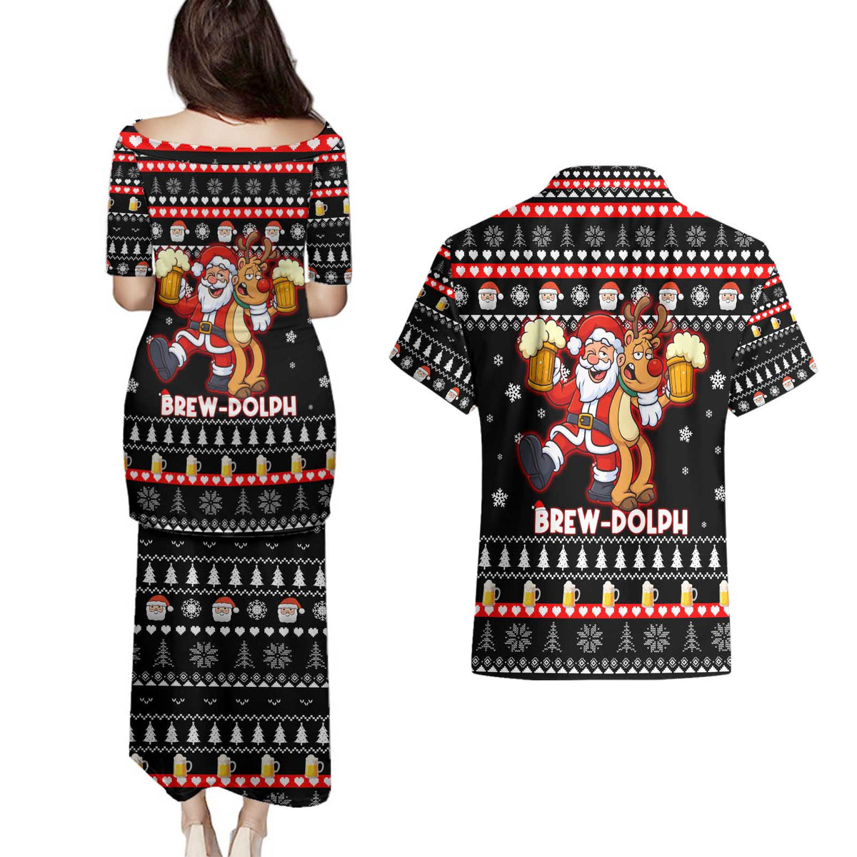 Christmas Brewdolph Reindeer Couples Matching Puletasi and Hawaiian Shirt Xmas Holiday Patterns - Wonder Print Shop
