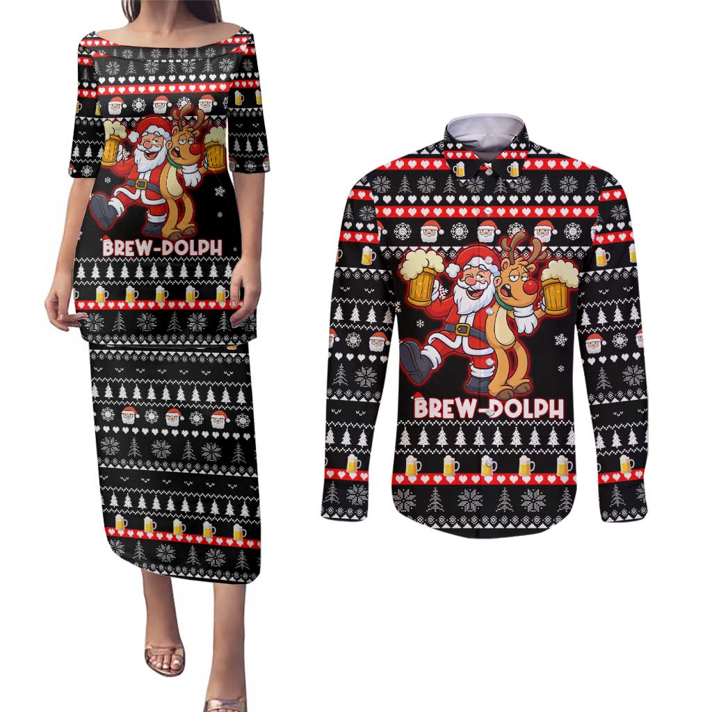 Christmas Brewdolph Reindeer Couples Matching Puletasi and Long Sleeve Button Shirt Xmas Holiday Patterns - Wonder Print Shop