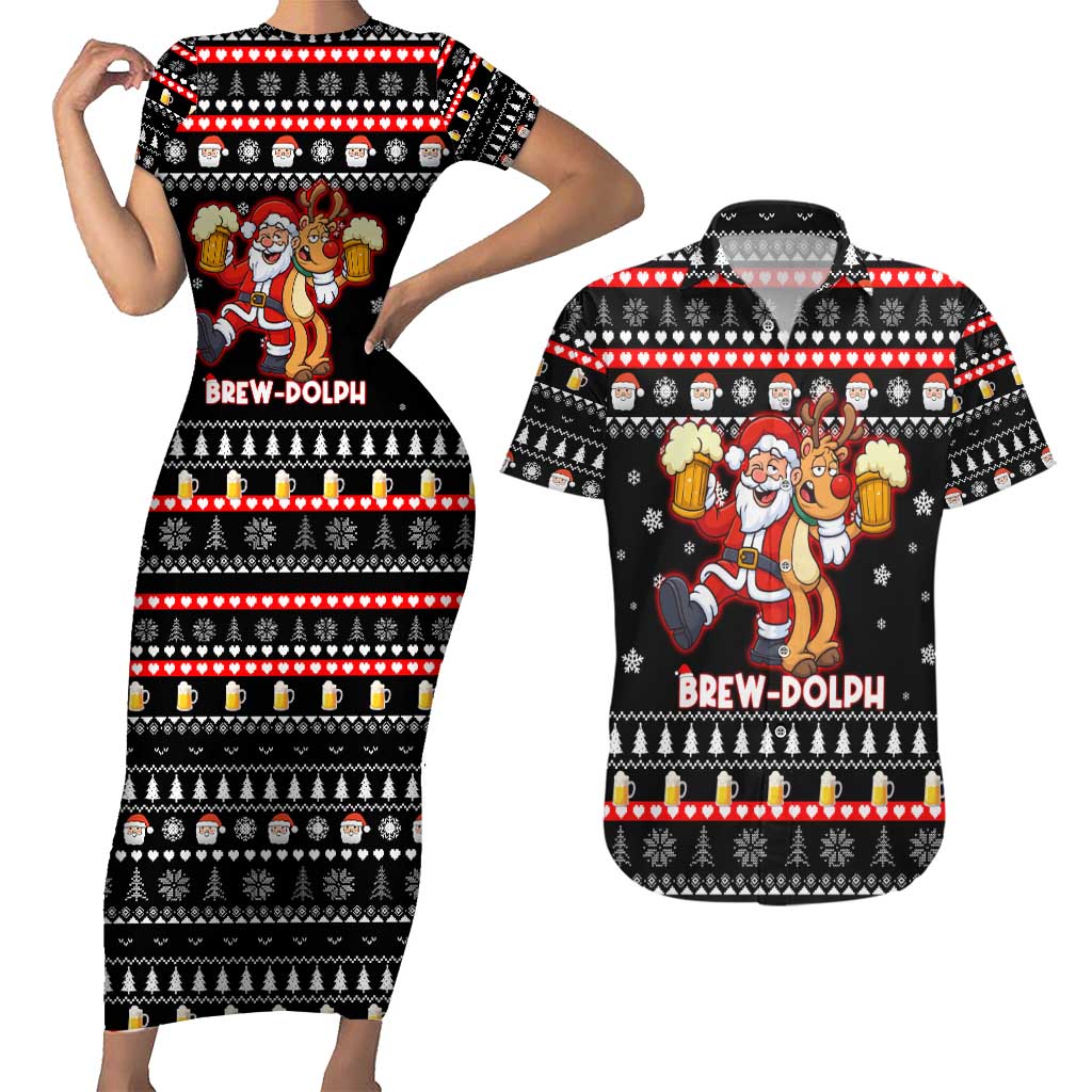 Christmas Brewdolph Reindeer Couples Matching Short Sleeve Bodycon Dress and Hawaiian Shirt Xmas Holiday Patterns - Wonder Print Shop