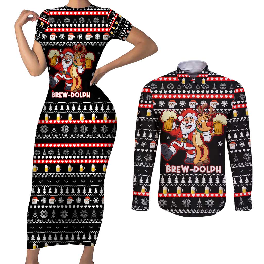 Christmas Brewdolph Reindeer Couples Matching Short Sleeve Bodycon Dress and Long Sleeve Button Shirt Xmas Holiday Patterns - Wonder Print Shop