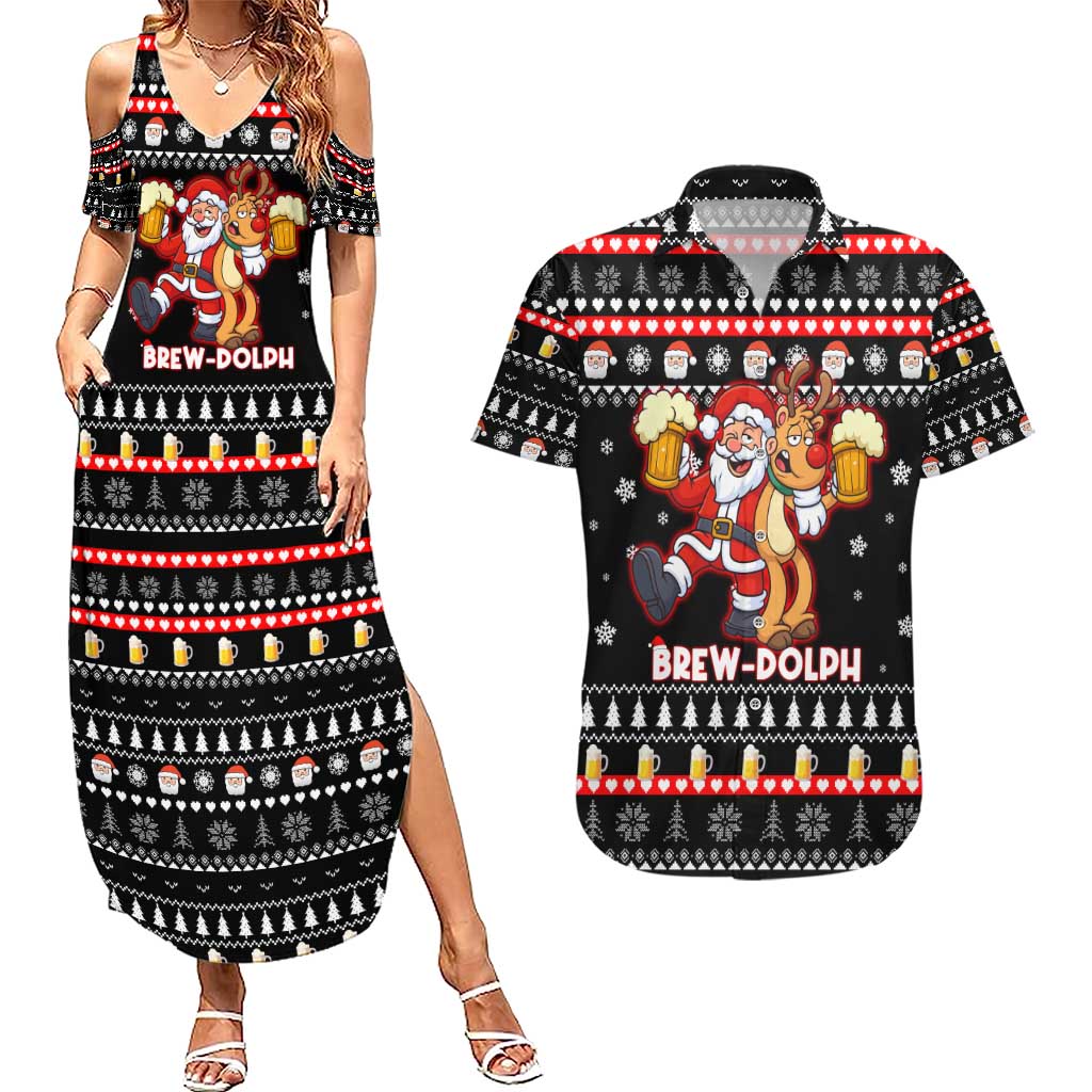 Christmas Brewdolph Reindeer Couples Matching Summer Maxi Dress and Hawaiian Shirt Xmas Holiday Patterns - Wonder Print Shop