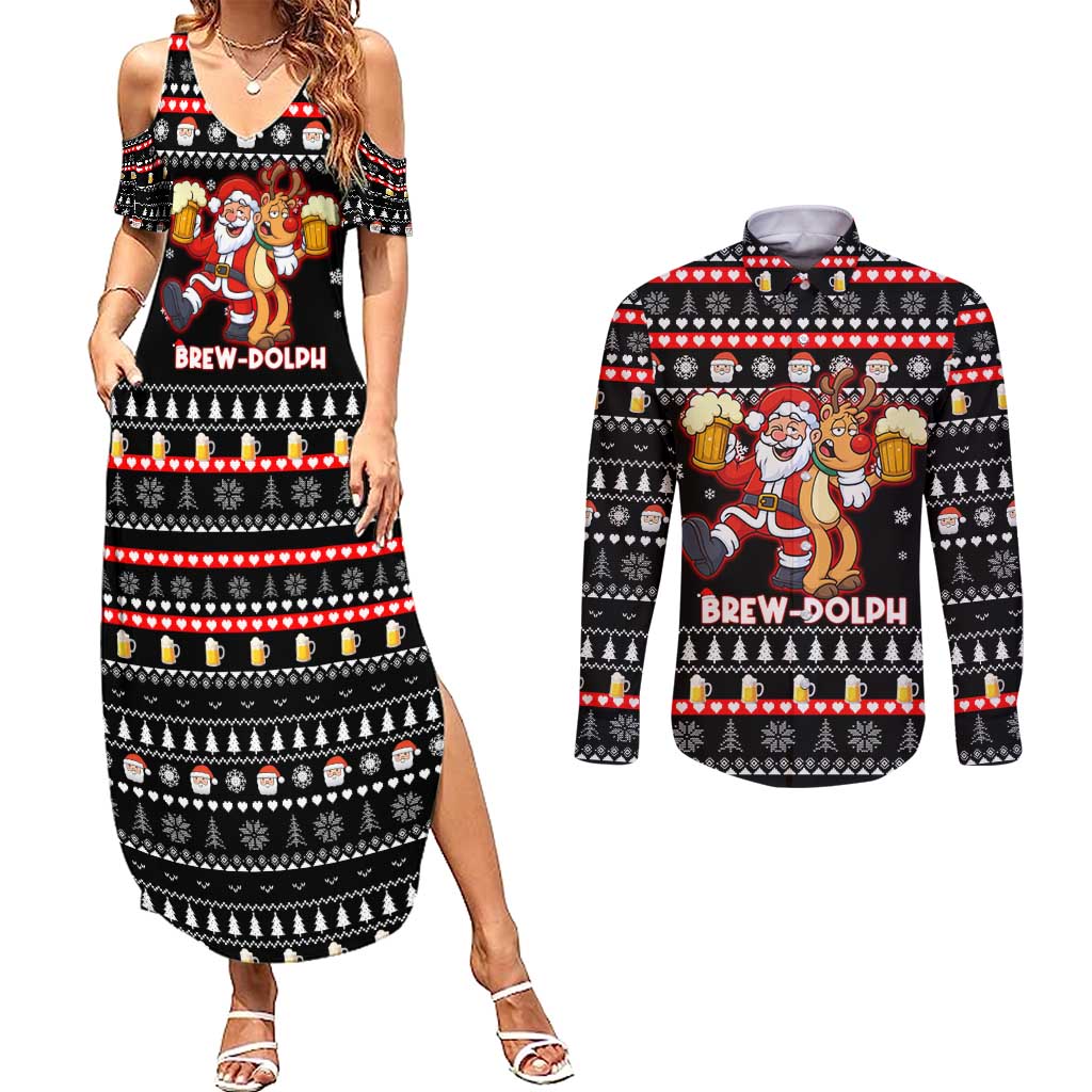 Christmas Brewdolph Reindeer Couples Matching Summer Maxi Dress and Long Sleeve Button Shirt Xmas Holiday Patterns - Wonder Print Shop