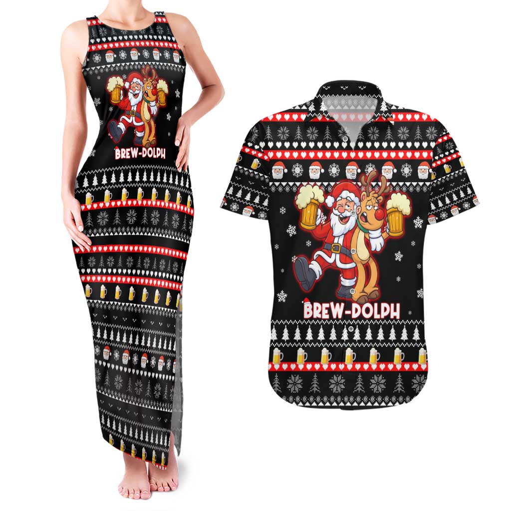 Christmas Brewdolph Reindeer Couples Matching Tank Maxi Dress and Hawaiian Shirt Xmas Holiday Patterns - Wonder Print Shop