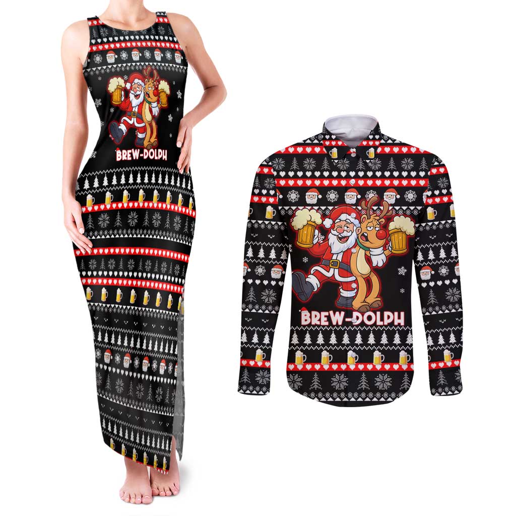 Christmas Brewdolph Reindeer Couples Matching Tank Maxi Dress and Long Sleeve Button Shirt Xmas Holiday Patterns - Wonder Print Shop