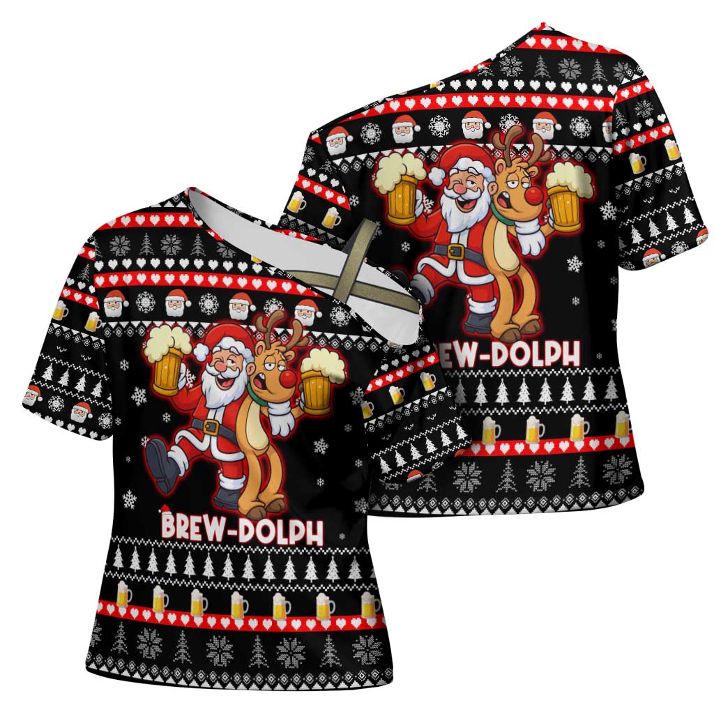 Christmas Brewdolph Reindeer Cross Shoulder Shirt Xmas Holiday Patterns - Wonder Print Shop