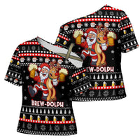 Christmas Brewdolph Reindeer Cross Shoulder Shirt Xmas Holiday Patterns - Wonder Print Shop