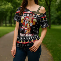 Christmas Brewdolph Reindeer Cross Shoulder Shirt Xmas Holiday Patterns - Wonder Print Shop