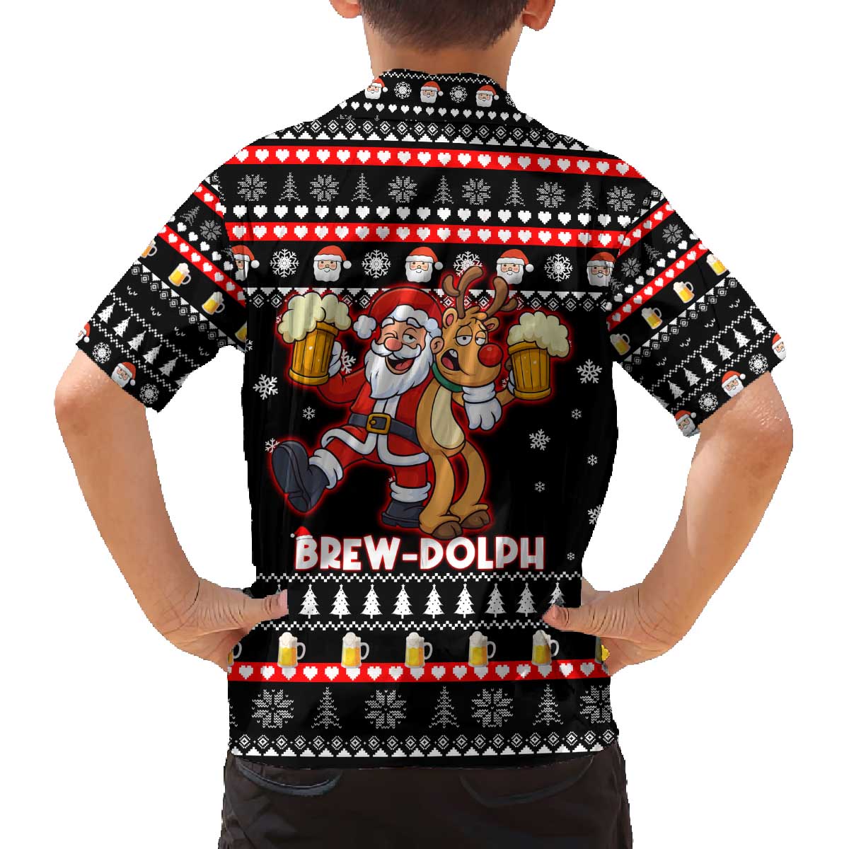 Christmas Brewdolph Reindeer Family Matching Off The Shoulder Long Sleeve Dress and Hawaiian Shirt Xmas Holiday Patterns - Wonder Print Shop