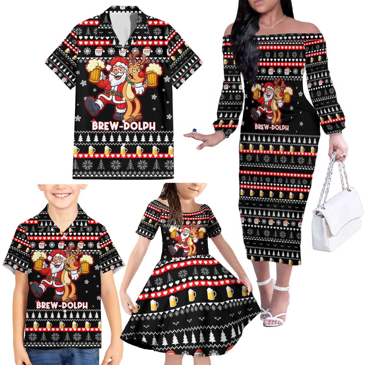 Christmas Brewdolph Reindeer Family Matching Off The Shoulder Long Sleeve Dress and Hawaiian Shirt Xmas Holiday Patterns - Wonder Print Shop