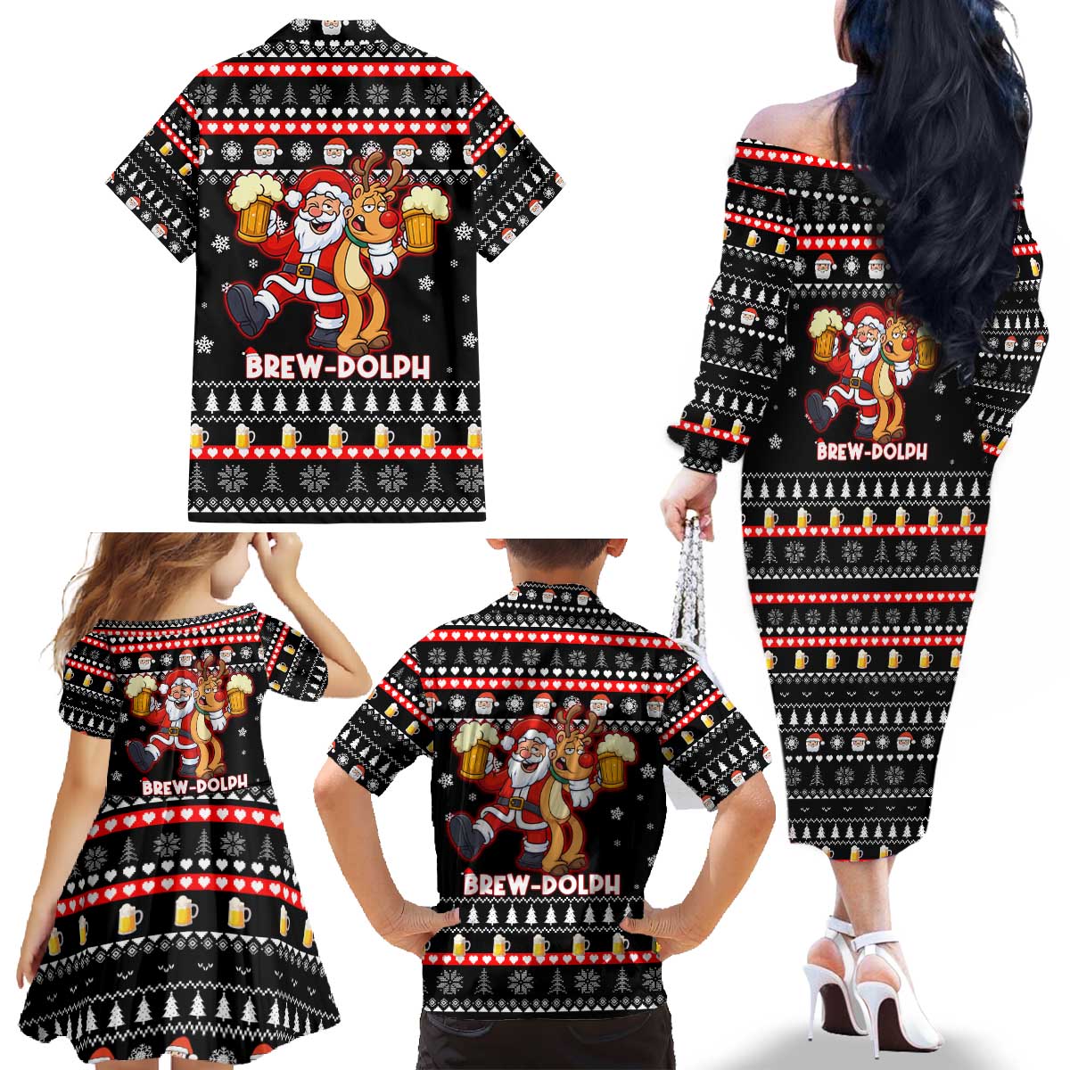 Christmas Brewdolph Reindeer Family Matching Off The Shoulder Long Sleeve Dress and Hawaiian Shirt Xmas Holiday Patterns - Wonder Print Shop
