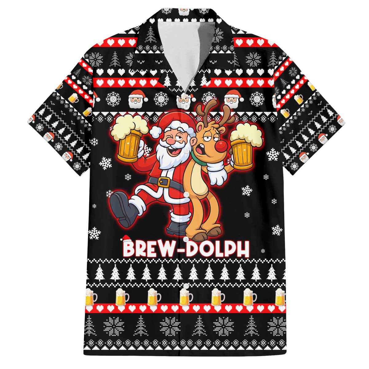 Christmas Brewdolph Reindeer Family Matching Off The Shoulder Long Sleeve Dress and Hawaiian Shirt Xmas Holiday Patterns - Wonder Print Shop