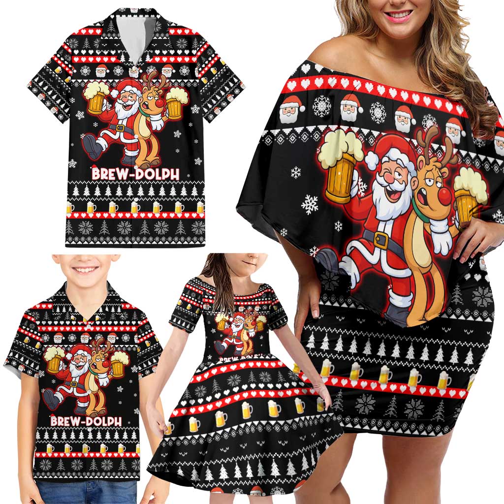 Christmas Brewdolph Reindeer Family Matching Off Shoulder Short Dress and Hawaiian Shirt Xmas Holiday Patterns - Wonder Print Shop