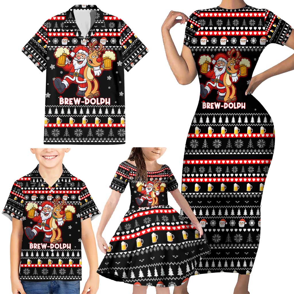 Christmas Brewdolph Reindeer Family Matching Short Sleeve Bodycon Dress and Hawaiian Shirt Xmas Holiday Patterns - Wonder Print Shop