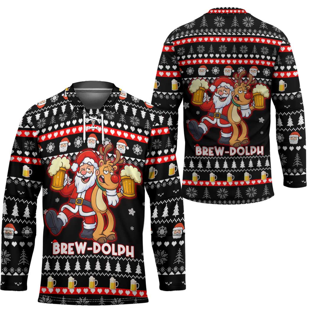 Christmas Brewdolph Reindeer Hockey Jersey Xmas Holiday Patterns - Wonder Print Shop