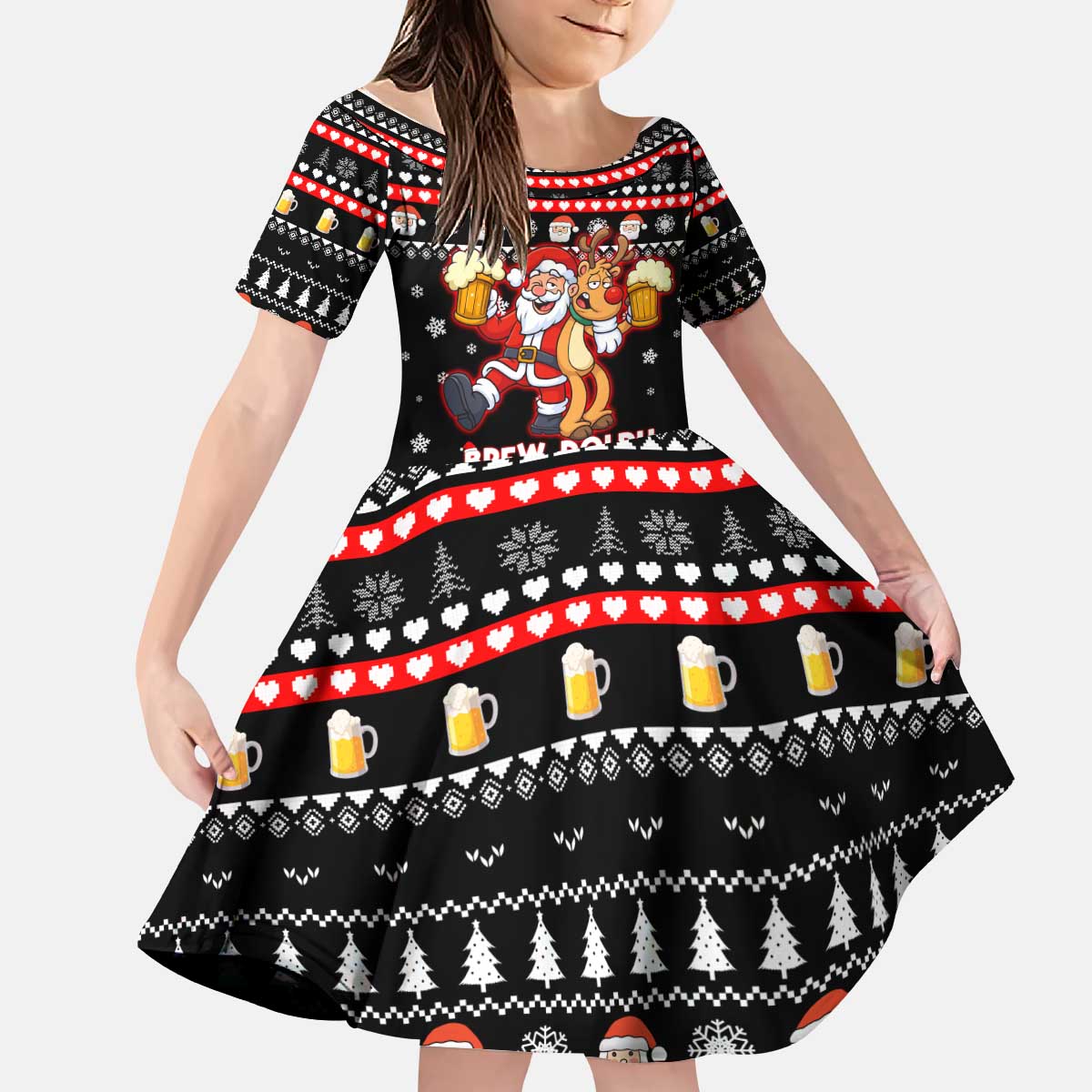 Christmas Brewdolph Reindeer Kid Short Sleeve Dress Xmas Holiday Patterns - Wonder Print Shop