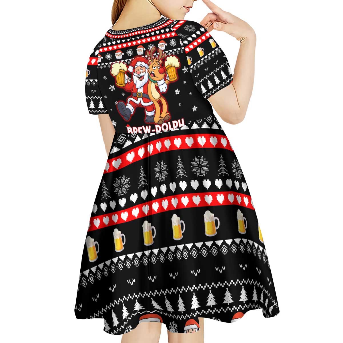 Christmas Brewdolph Reindeer Kid Short Sleeve Dress Xmas Holiday Patterns - Wonder Print Shop