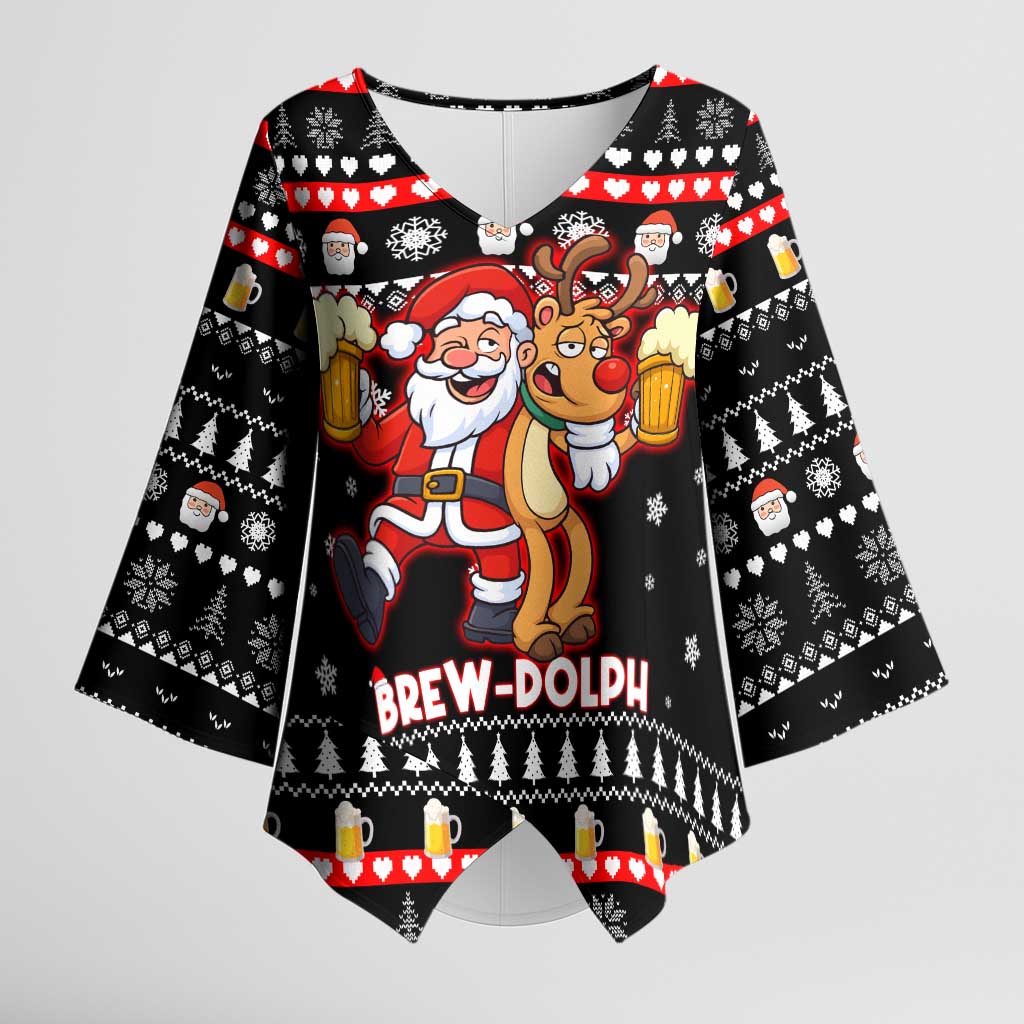 Christmas Brewdolph Reindeer Kimono Sleeve Blouse Xmas Holiday Patterns - Wonder Print Shop