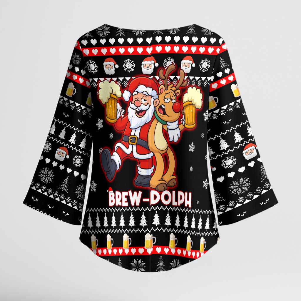 Christmas Brewdolph Reindeer Kimono Sleeve Blouse Xmas Holiday Patterns - Wonder Print Shop