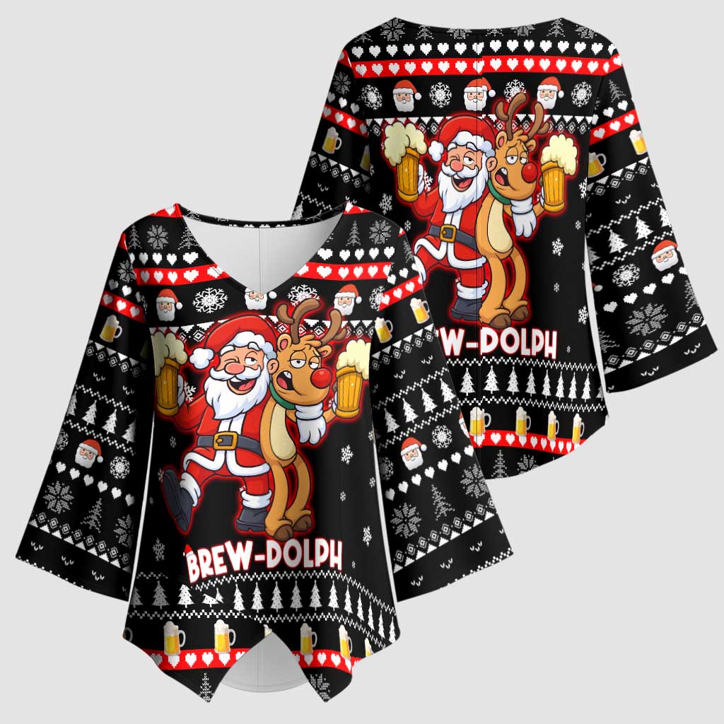 Christmas Brewdolph Reindeer Kimono Sleeve Blouse Xmas Holiday Patterns - Wonder Print Shop