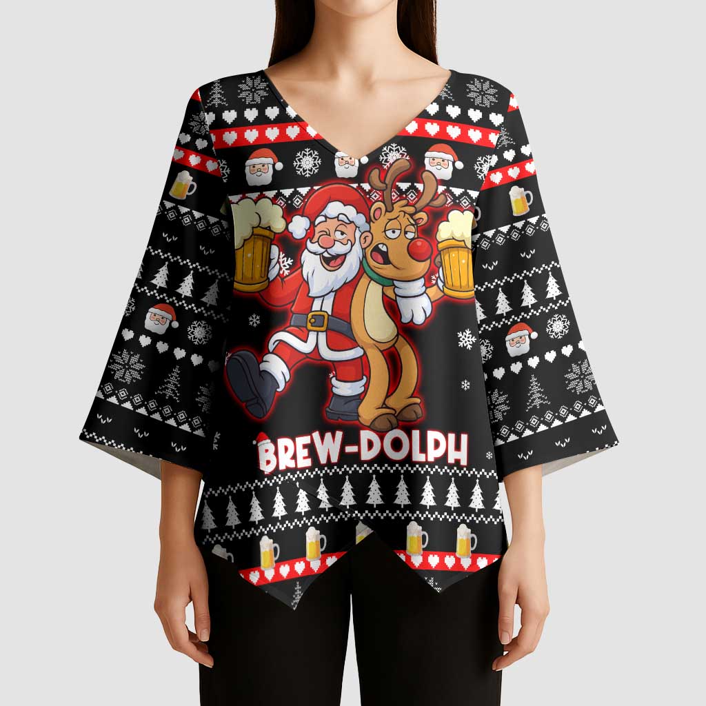 Christmas Brewdolph Reindeer Kimono Sleeve Blouse Xmas Holiday Patterns - Wonder Print Shop