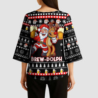 Christmas Brewdolph Reindeer Kimono Sleeve Blouse Xmas Holiday Patterns - Wonder Print Shop