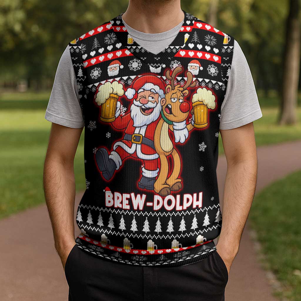 Christmas Brewdolph Reindeer Christmas Knitted V-Neck Vest Xmas Holiday Patterns - Wonder Print Shop