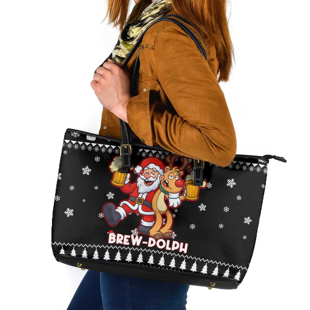 Christmas Brewdolph Reindeer Leather Tote Bag Xmas Holiday Patterns - Wonder Print Shop