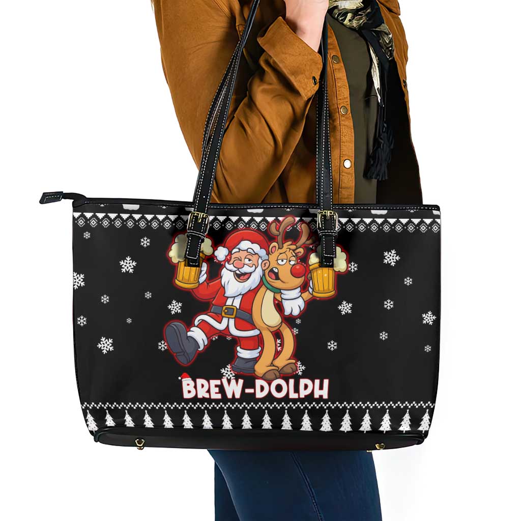 Christmas Brewdolph Reindeer Leather Tote Bag Xmas Holiday Patterns - Wonder Print Shop