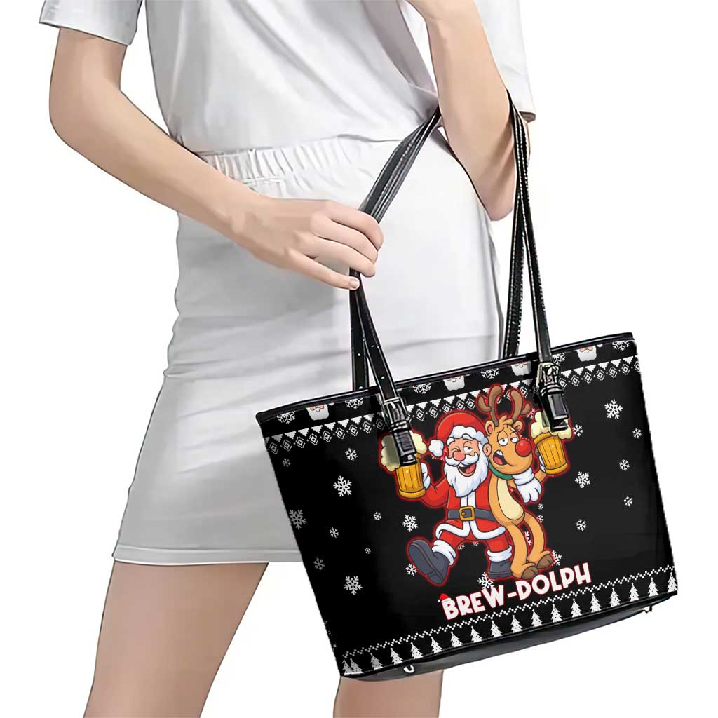 Christmas Brewdolph Reindeer Leather Tote Bag Xmas Holiday Patterns - Wonder Print Shop