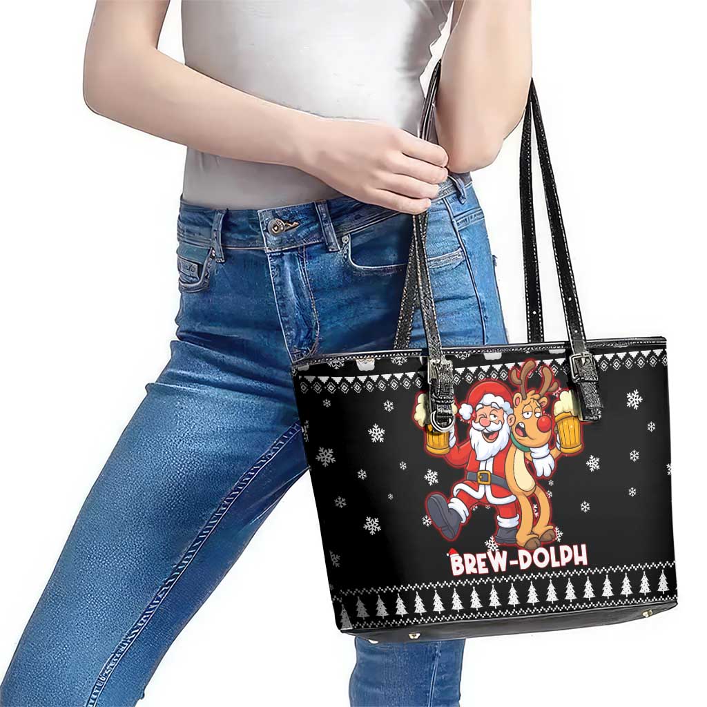 Christmas Brewdolph Reindeer Leather Tote Bag Xmas Holiday Patterns - Wonder Print Shop