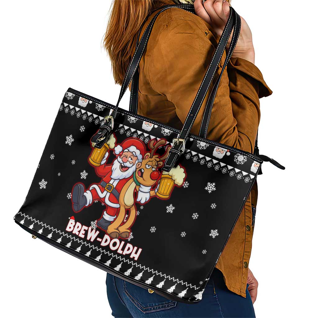 Christmas Brewdolph Reindeer Leather Tote Bag Xmas Holiday Patterns - Wonder Print Shop