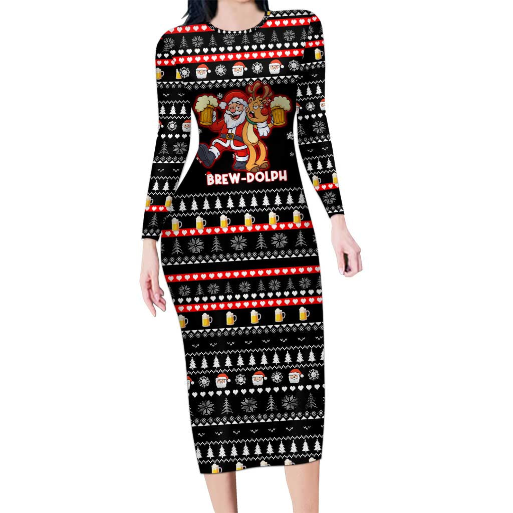 Christmas Brewdolph Reindeer Long Sleeve Bodycon Dress Xmas Holiday Patterns - Wonder Print Shop