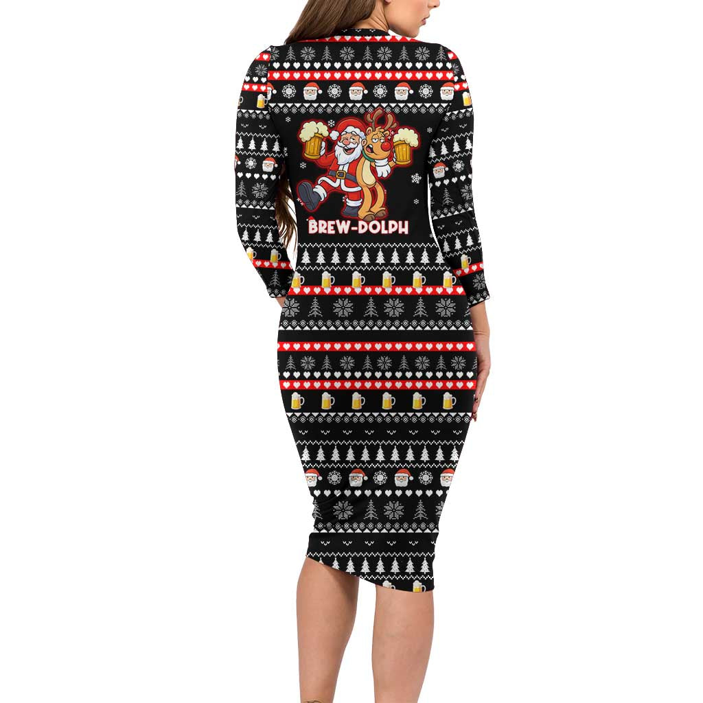 Christmas Brewdolph Reindeer Long Sleeve Bodycon Dress Xmas Holiday Patterns - Wonder Print Shop