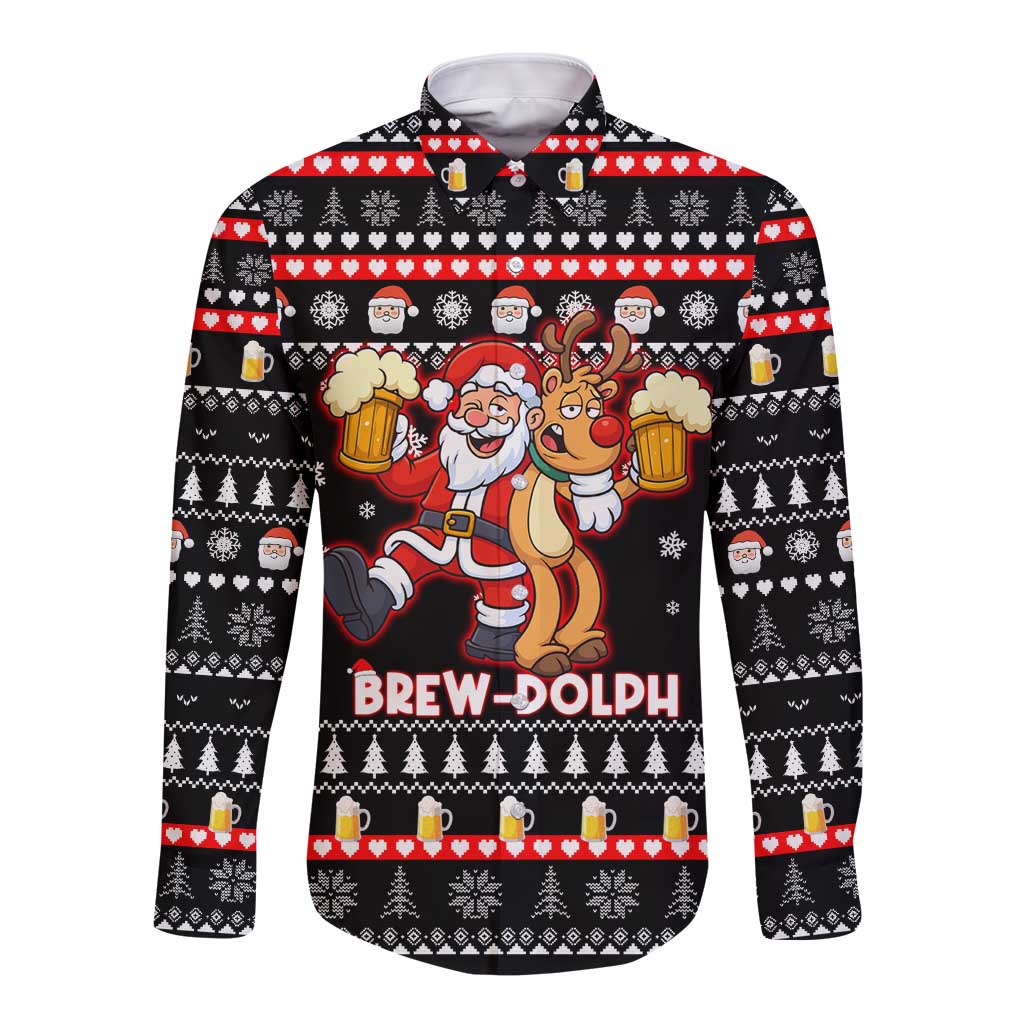 Christmas Brewdolph Reindeer Long Sleeve Button Shirt Xmas Holiday Patterns - Wonder Print Shop