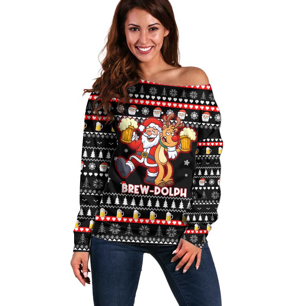 Christmas Brewdolph Reindeer Off Shoulder Sweater Xmas Holiday Patterns - Wonder Print Shop