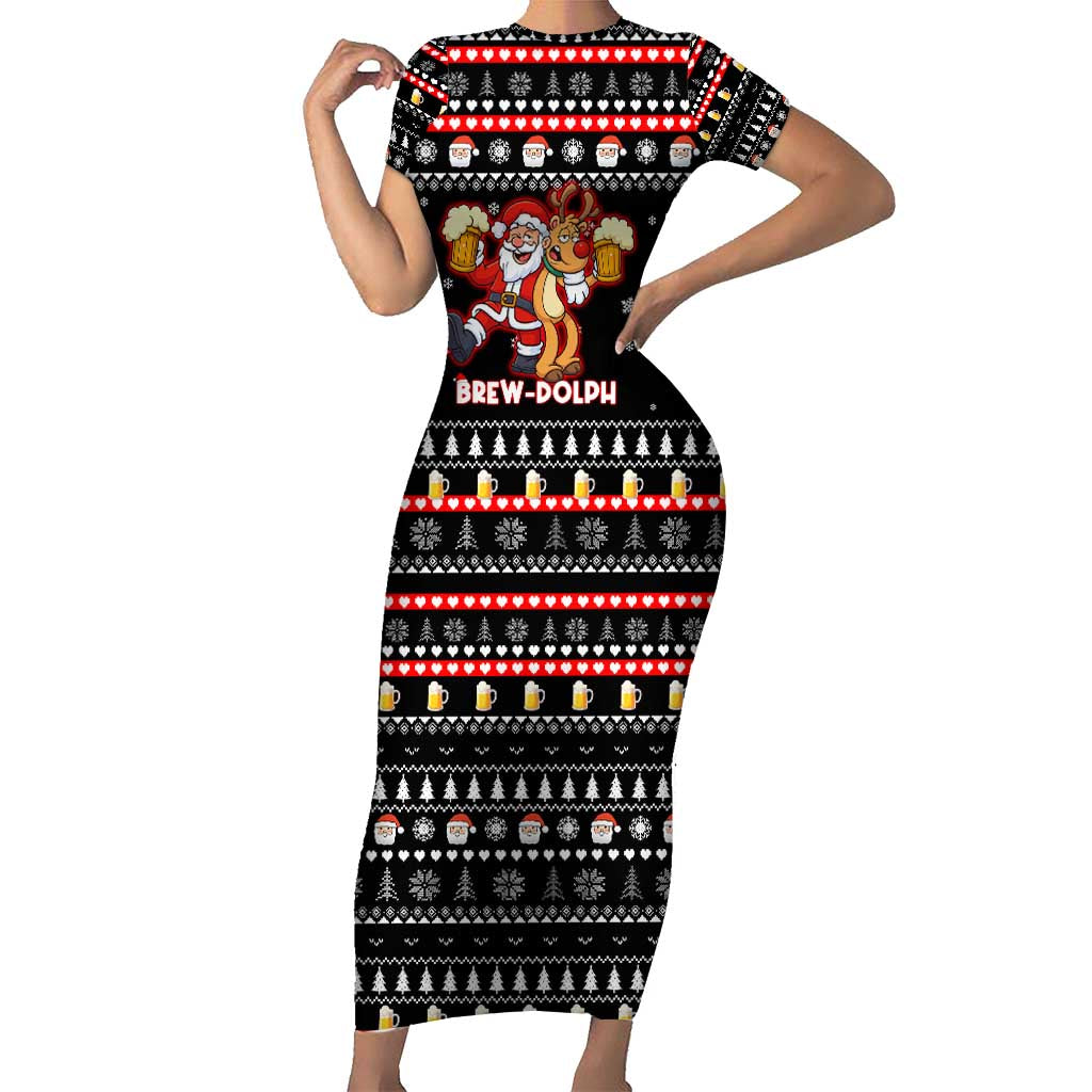 Christmas Brewdolph Reindeer Short Sleeve Bodycon Dress Xmas Holiday Patterns - Wonder Print Shop