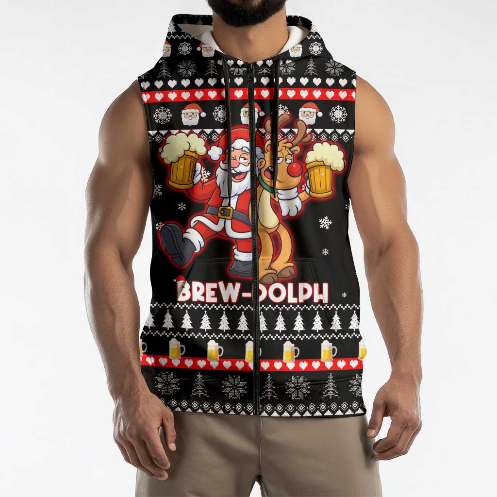 Christmas Brewdolph Reindeer Sleeveless Zip Hoodie Xmas Holiday Patterns - Wonder Print Shop