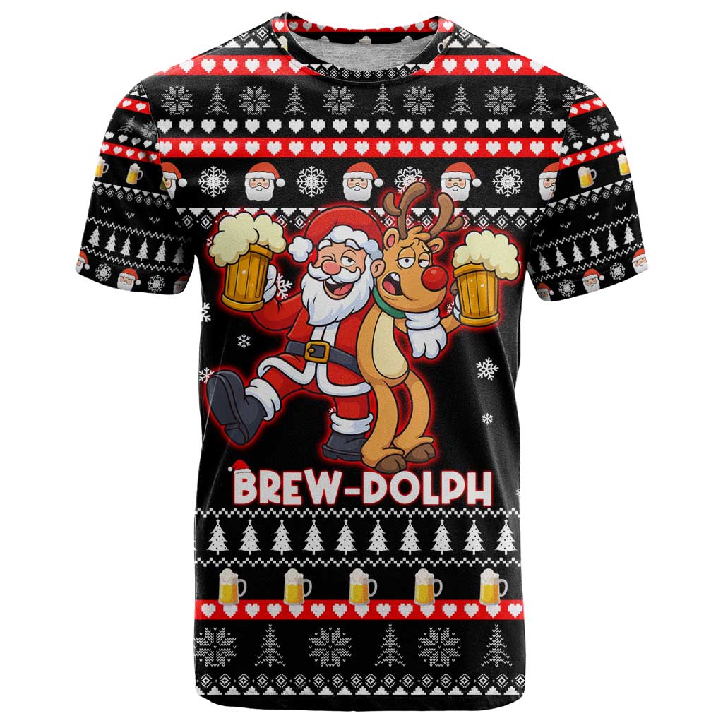 Christmas Brewdolph Reindeer T Shirt Xmas Holiday Patterns - Wonder Print Shop