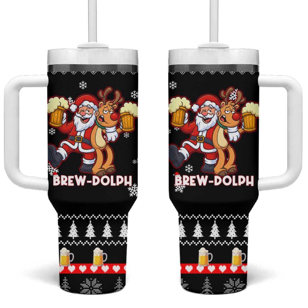 Christmas Brewdolph Reindeer Tumbler With Handle Xmas Holiday Patterns - Wonder Print Shop